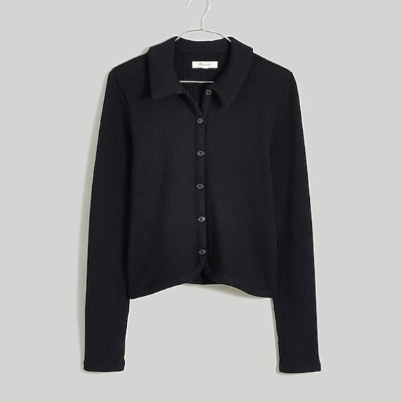 Madewell Curved Hem Polo Cardigan Ribbed Tee in True Black Size XS NWT - Picture 1 of 6